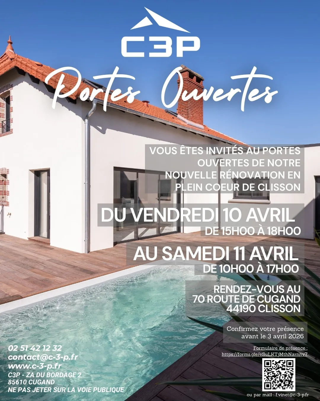 Carton d'invitation C3P « Portes ouvertes » : maison rénovée avec piscine en fond, dates des 10 et 11 avril, horaires, adresse à Clisson et QR code d'inscription.