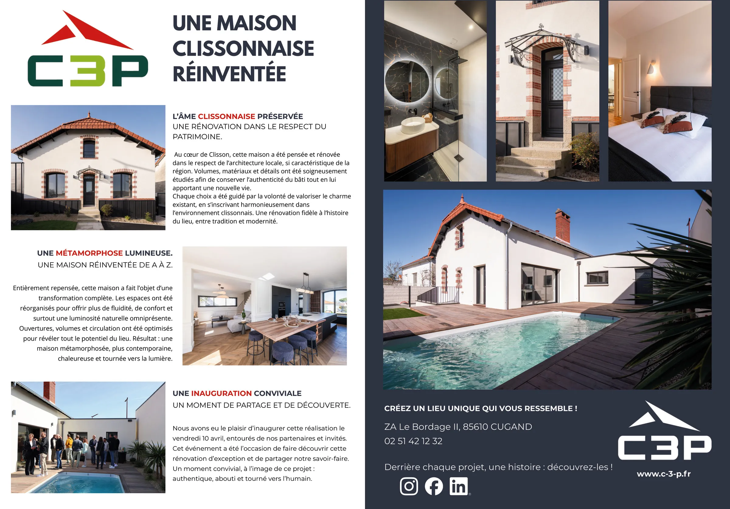 Double page de magazine pour C3P : à gauche l'article « Une maison clissonnaise réinventée » et ses photos de rénovation, à droite une page sombre avec la maison, sa piscine et les coordonnées de l'entreprise.