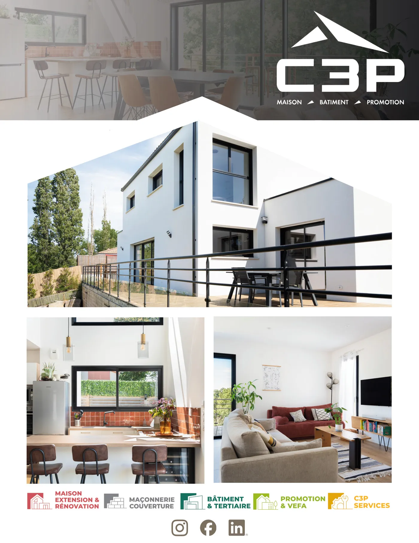 Page de publicité C3P : logo en tête, photos d'une maison contemporaine à balcon et de ses intérieurs, pictogrammes des métiers en pied de page.